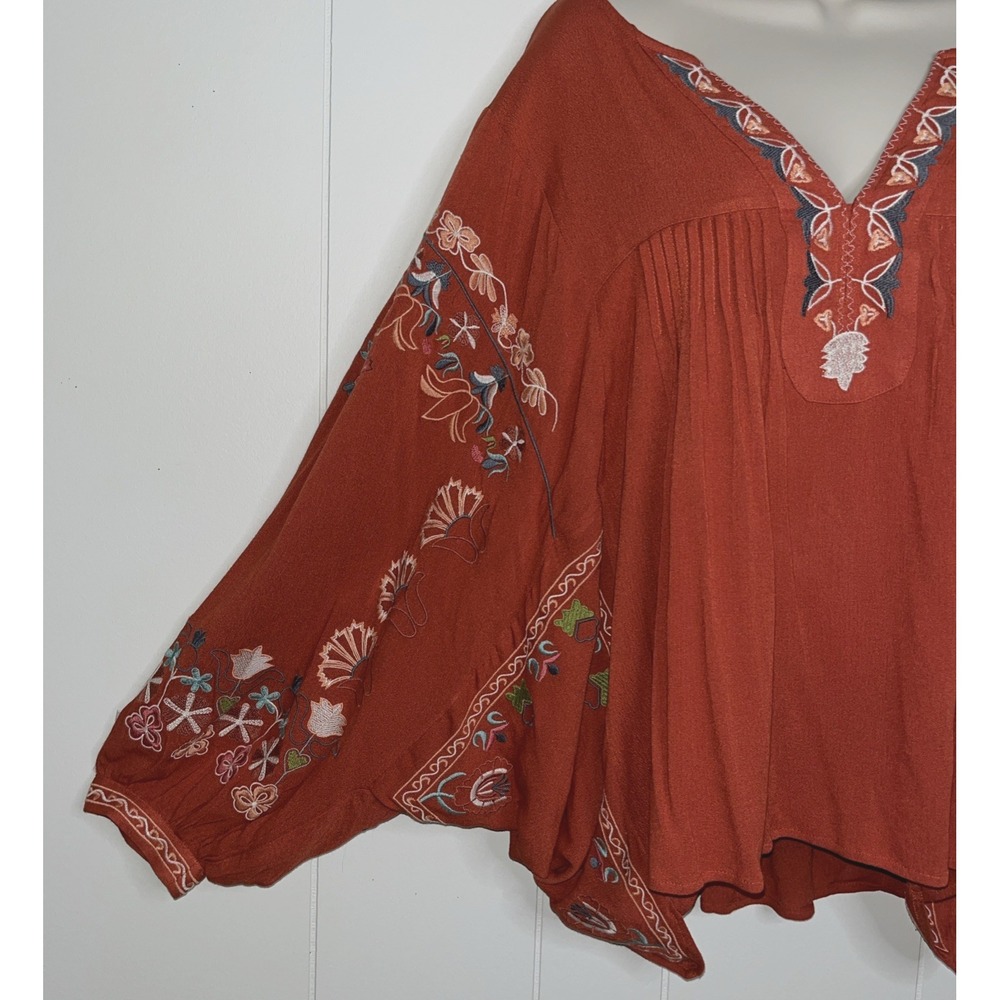 Three Bird Nest Top L Beautiful Embroidered Boho Boutique Flowy Shirt Blouse - Picture 3 of 8